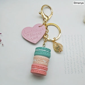 Women New Macaron Cake keychain PU love alloy leaf Key Chain Charm Bag pendant Key Ring Best Party Gift Jewelry K3006