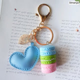 Women New Macaron Cake keychain PU love alloy leaf Key Chain Charm Bag pendant Key Ring Best Party Gift Jewelry K3006