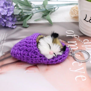 Cute Sleeping Cat Pompom Keychains For Women Girls Handmade Woven Shoes Faux Rabbit Fur Kitten Key Chains Fluffy Car Key Rings