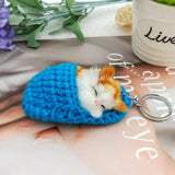 Cute Sleeping Cat Pompom Keychains For Women Girls Handmade Woven Shoes Faux Rabbit Fur Kitten Key Chains Fluffy Car Key Rings