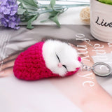Cute Sleeping Cat Pompom Keychains For Women Girls Handmade Woven Shoes Faux Rabbit Fur Kitten Key Chains Fluffy Car Key Rings