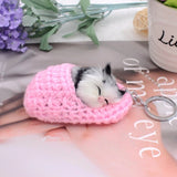 Cute Sleeping Cat Pompom Keychains For Women Girls Handmade Woven Shoes Faux Rabbit Fur Kitten Key Chains Fluffy Car Key Rings