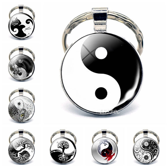 Yin Yang Taichi Symbols Key Chain Glass Cabochon Jewelry Yin Yang Life Tree Pendant Silver Keychain for Men Women Gifts
