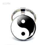Yin Yang Taichi Symbols Key Chain Glass Cabochon Jewelry Yin Yang Life Tree Pendant Silver Keychain for Men Women Gifts
