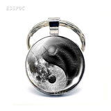 Yin Yang Taichi Symbols Key Chain Glass Cabochon Jewelry Yin Yang Life Tree Pendant Silver Keychain for Men Women Gifts