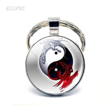 Yin Yang Taichi Symbols Key Chain Glass Cabochon Jewelry Yin Yang Life Tree Pendant Silver Keychain for Men Women Gifts