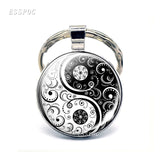 Yin Yang Taichi Symbols Key Chain Glass Cabochon Jewelry Yin Yang Life Tree Pendant Silver Keychain for Men Women Gifts